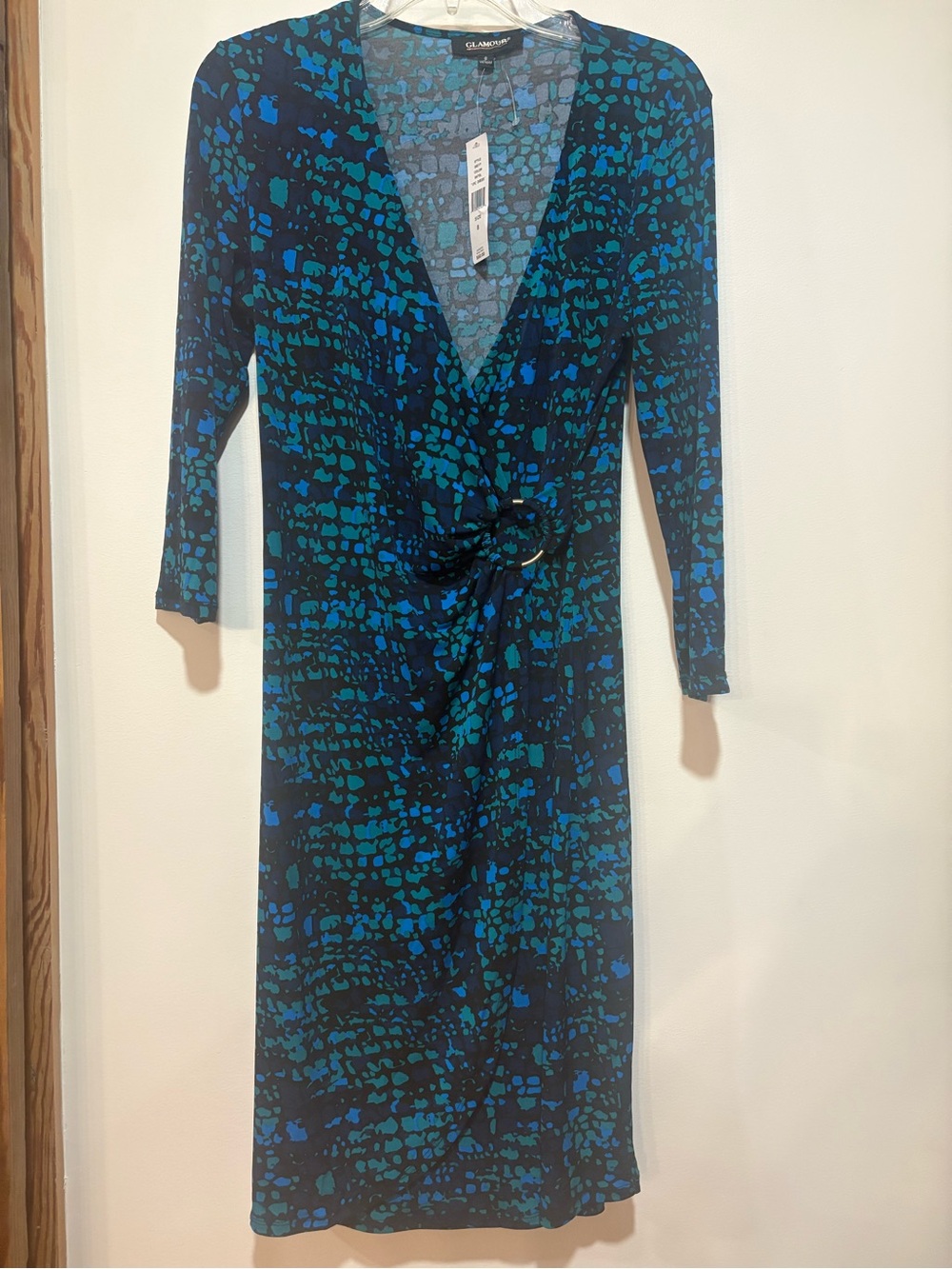 NWT Glamour Teal & Navy Printed Wrap-Front Long Sleeve Midi Dress
